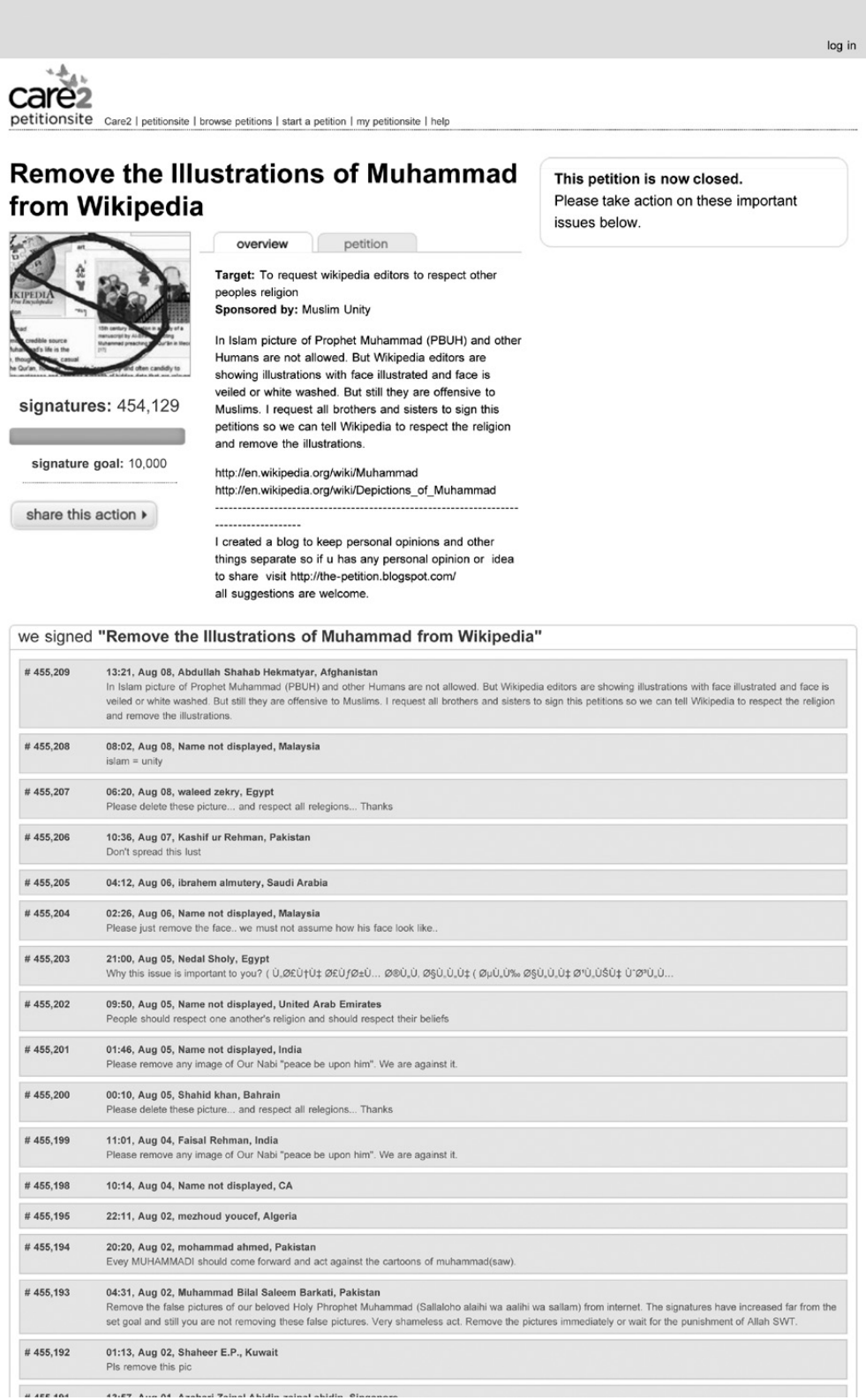 要求从维基百科删除穆罕默德图像的请愿页面