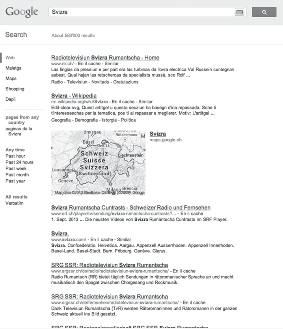 图3. 在 Google Svizra（即罗曼什语版 google.ch）上搜索“Svizra”。