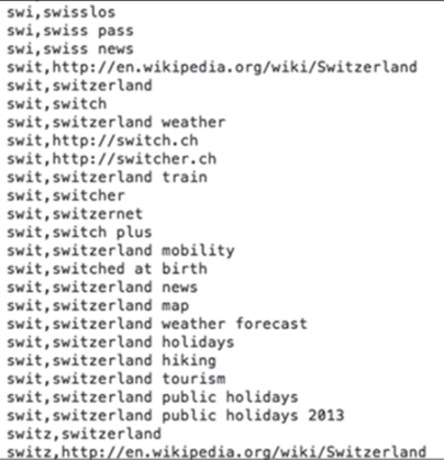 图5. 输入“Switzerland”时获得的部分自动补全结果（逗号右侧为 Google 针对左侧表达给出的自动建议）。