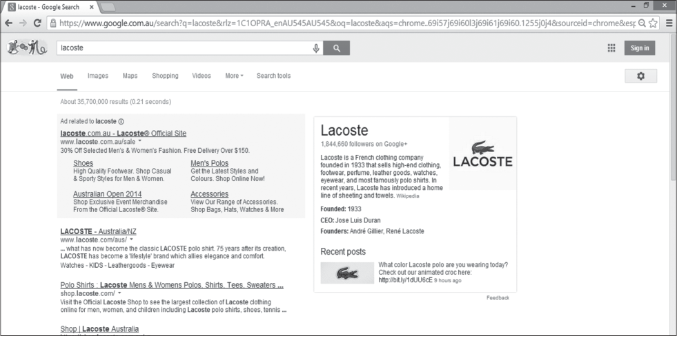图1. Google 搜索引擎对 LACOSTE 关键词搜索的响应。